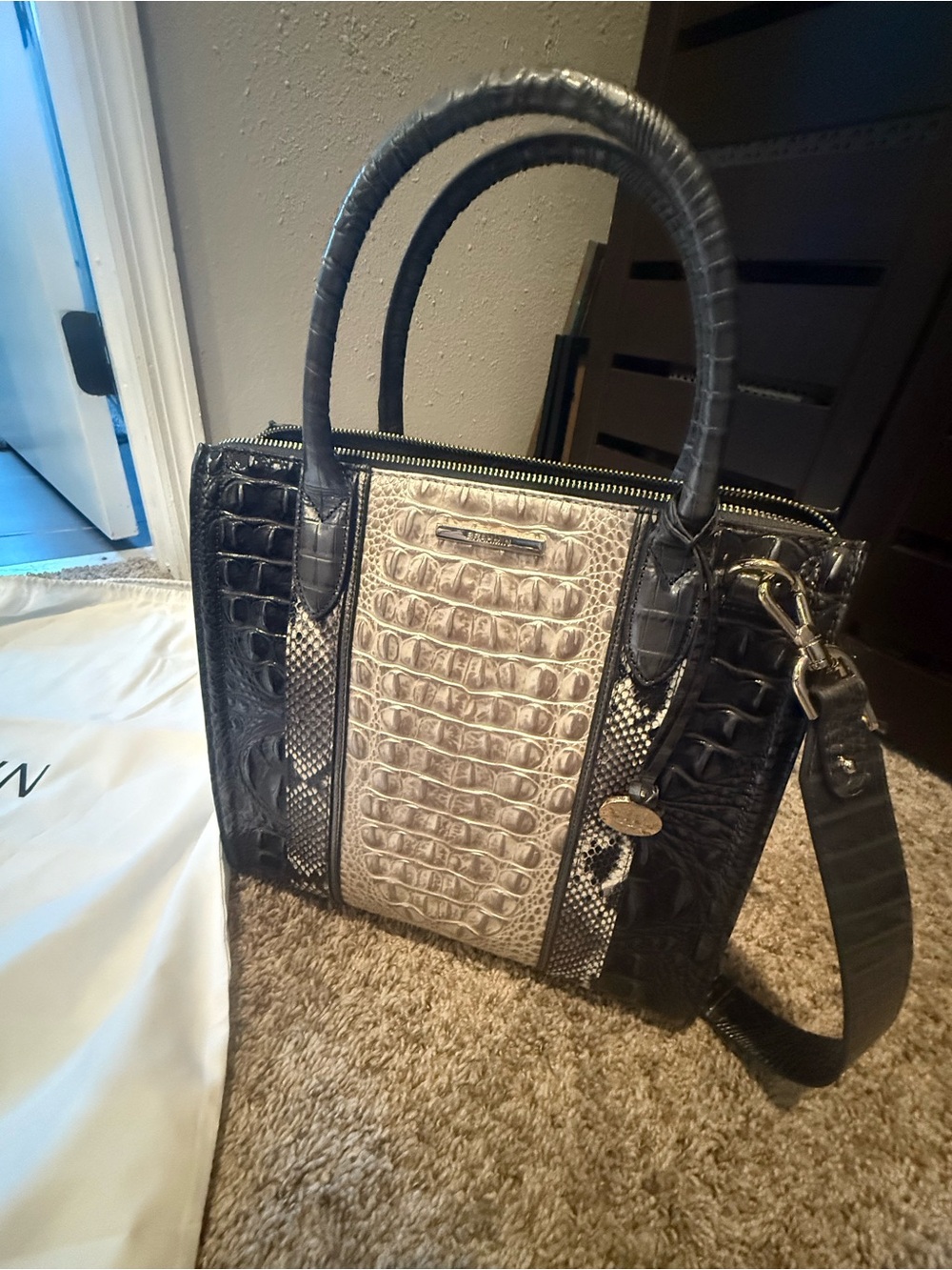 Brahmin Full Caroline Embossed Croc-Panel Satchel in Black and Cream